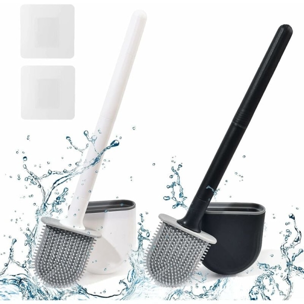 Platt silikontoalettborste paket med 2, toalettborste och hållare, väggmonterad toalettborste, svart + vit silikontoalettborste Yixiang