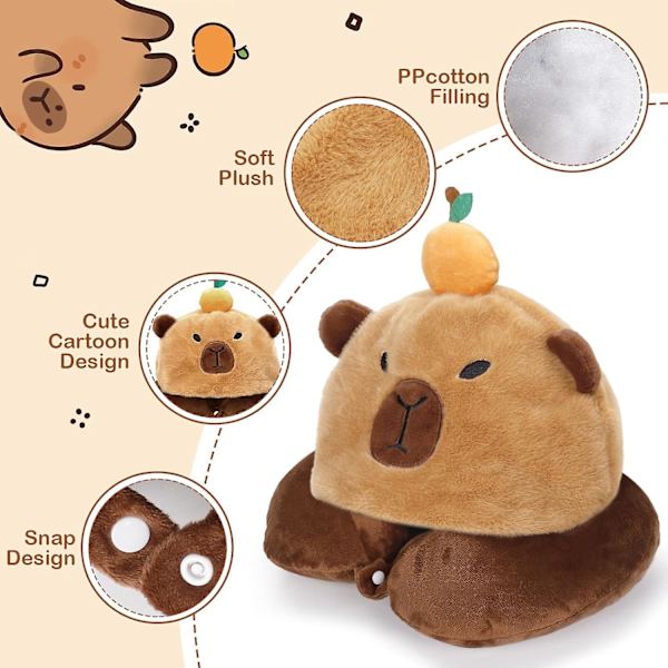 Capybara U-formad Resepillow med Huva, Nacke Stöd Plush Kudde, Huvad Kudde Sovtillbehör Nacke Hakstöd Fylld Djur Kudde för Flygplan