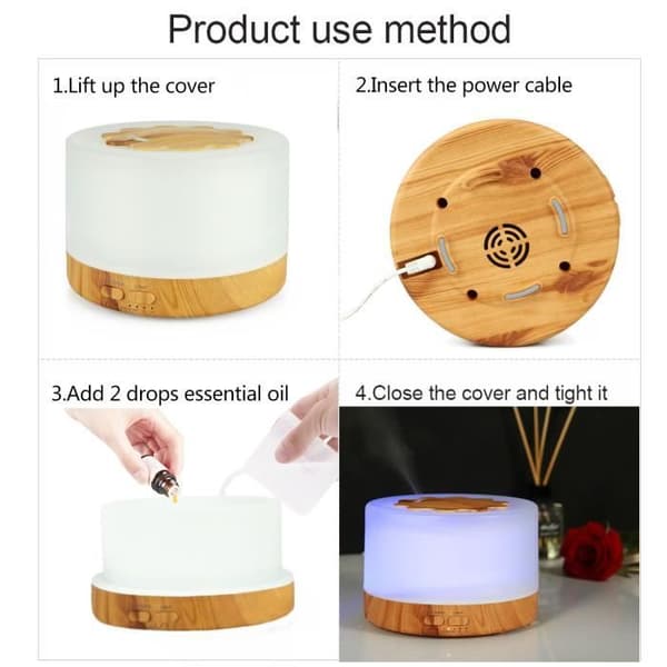Eterisk oljediffuser 500ML, luftfukter ultralyd aroma diffuser 7 farger LED for hjem, kontor, SPA