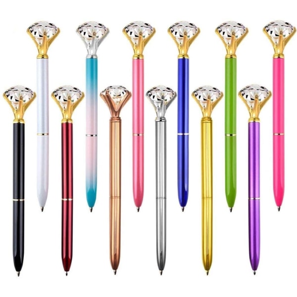 Set med 12 Stor Crystal Diamond reservoarpenna Färg Metallkulspetspenna med svart bläck