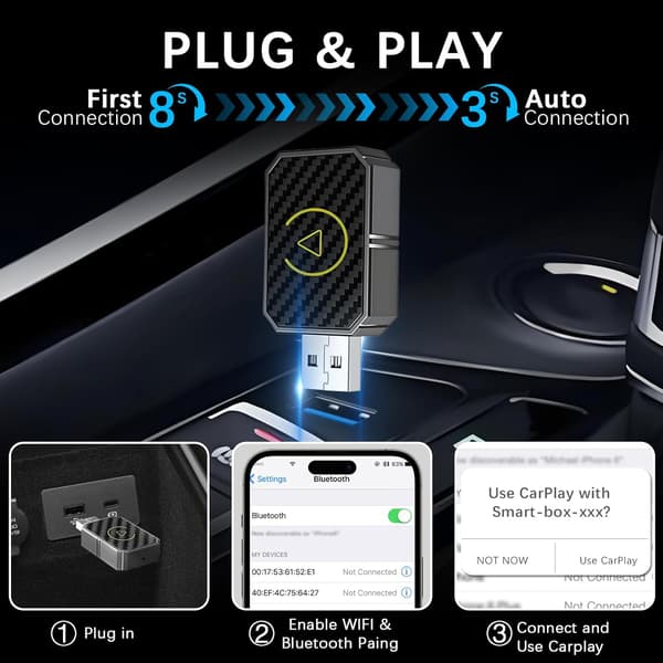 2025 Seneste Model Trådløs Adapter til Carplay, Mini Adapter til Konvertering af Kablet til Trådløs CarPlay/Android Auto Sort