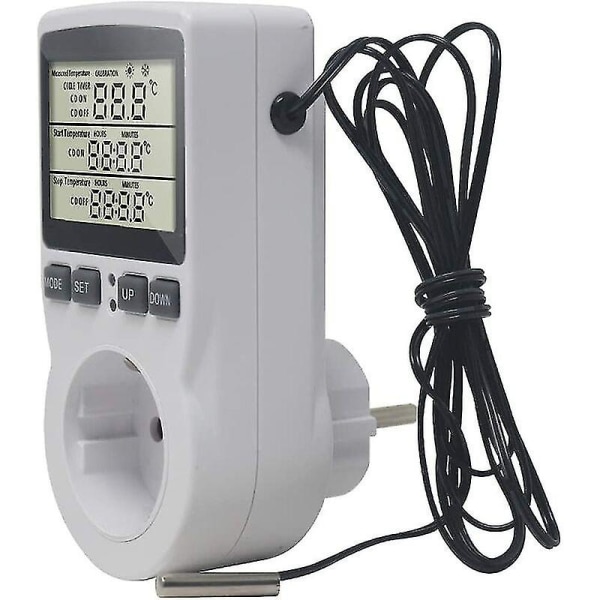 Pluggbar termostat, digital temperaturregulator for oppvarming og kjøling med sensor, LCD-plugg temperaturregulator timer for akvarium, inkubator, drivhus