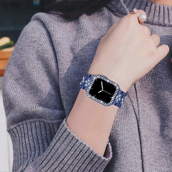 Snygg Armbandsur med Rhinestone Dekoration 3 Pärlor i Rostfritt Stål + PC-Skyddande Skal för Apple Watch Series 6/5/4/SE 44mm - Blå