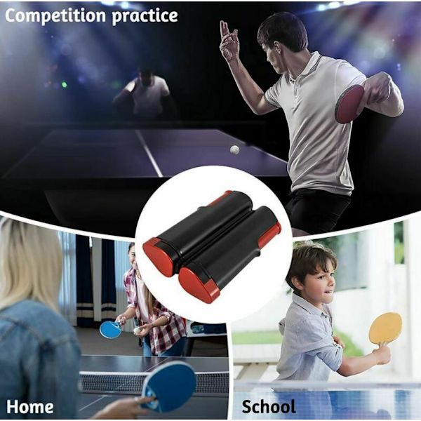 Udtrækkeligt bordtennisnet - Sort og rød, kan forlænges til 170 cm, passer til borde under 5 cm tykke, 1 stk.