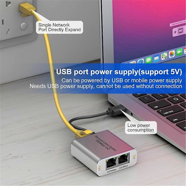 Ethernet Splitter 1 til 2 Høyhastighets Gigabit Ethernet Switch 2 Port Internet RJ45 LAN Splitter for Ca