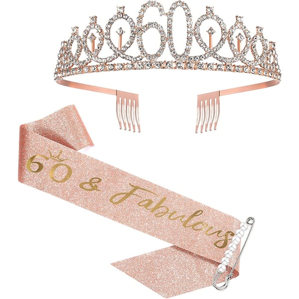 Kvinners 60-årsdagsbelte og tiara, rosegull bursdagsbelte og krone 60-års-belte og tiara for kvinner