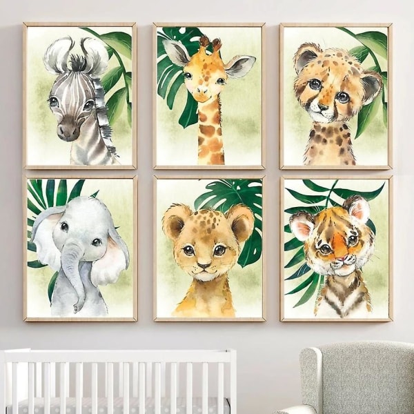 6 plakater Skovdyr Baby Børn A4 plakat Elefant Løve Giraf Zebra Tiger Billeder Soveværelsesdekoration Uindrammet