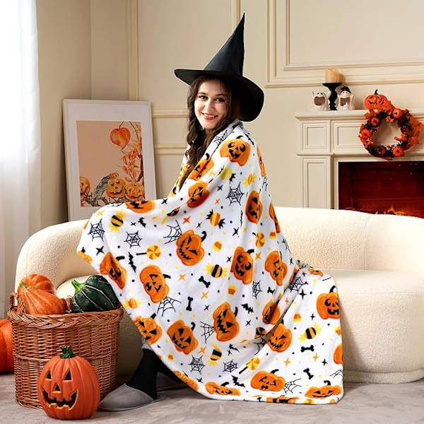 Halloween tæppe - Edderkoppespind flagermus græskar tæppe 50\"x60\" - Hyggeligt flanelgråt Halloween dekoration til fest sofa seng stue stil 1