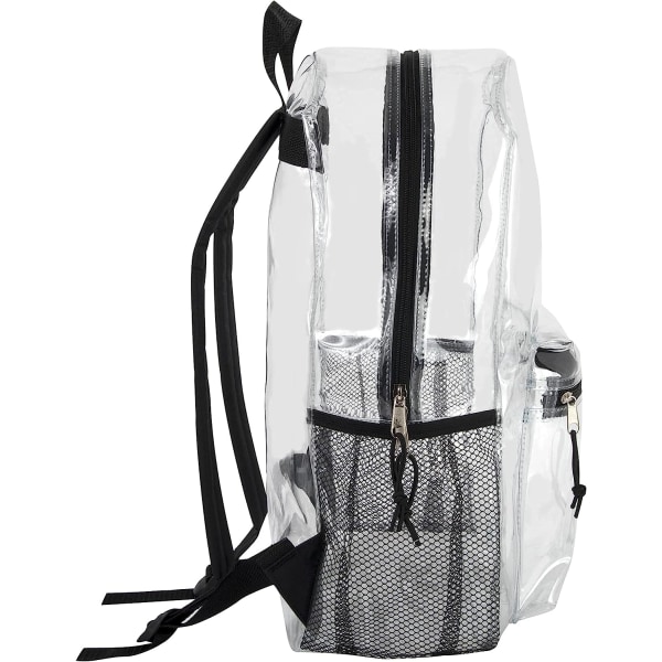 Transparent ryggsäck med förstärkta axelband och främre tillbehörsficka,