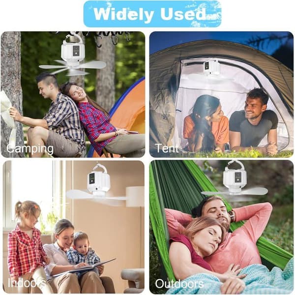 Campingventilator med LED-lanterne, genopladelig ventilator til telte, picnics, telte, nødsituationer
