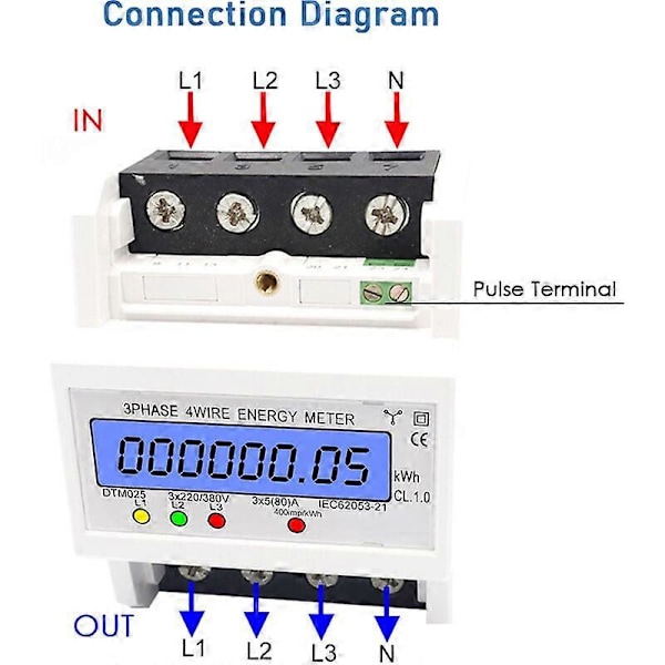 4-ledars tre-fas energimätare 220/380V 5-80A Energiförbrukning kWh-mätare DIN-skena installation Digital elmätare med bakgrundsbelyst LCD-display,W