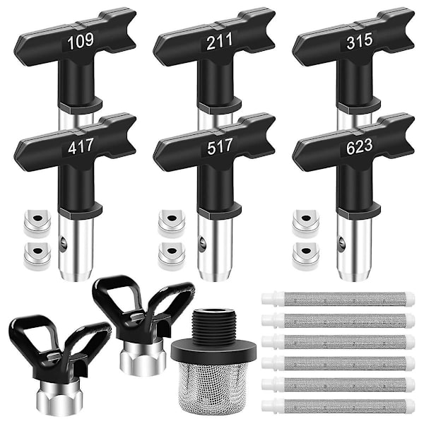 15-delad Airless Färgspruta Tips Set, Reversibla Munstyckstips med Distans, Filter, Inloppssil och Munstycksskydd