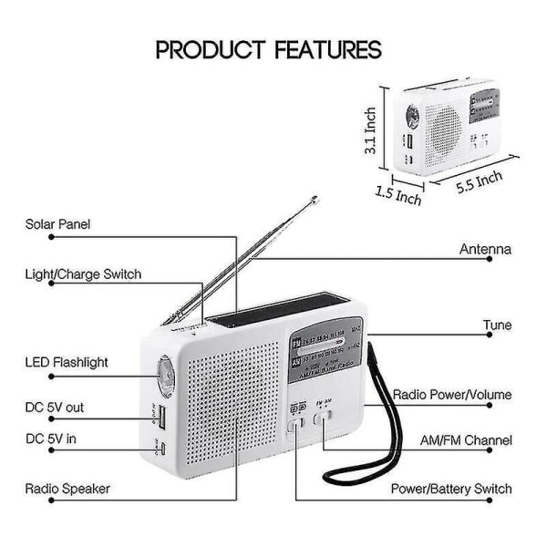 Nødradio med solcelle og håndsving Selvforsynet, batteri usb genopladning Fm/am radio led lommelygte telefonoplader