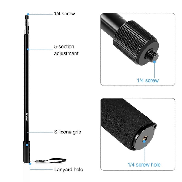 PULUZ 3m Metallinen Selfie-keppi Monopod Insta360 One RS / X2 / X3 / X4 -kameroille (Musta)
