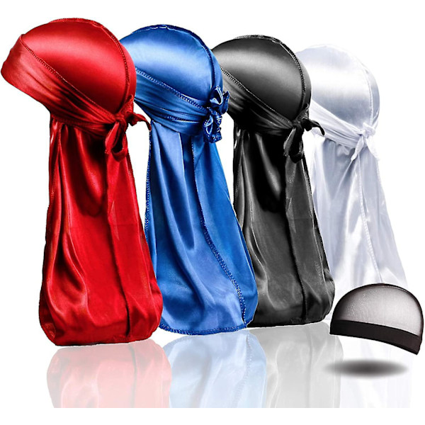 4 kpl Silkkisiä Durageja, Silkki Durag Miehille ja Naisille Aalloille, Silkki Durag Paketti 1 Aaltohatulla, Silkkisen Satiinin Durag Extra Pitkillä Hännillä - Snngv