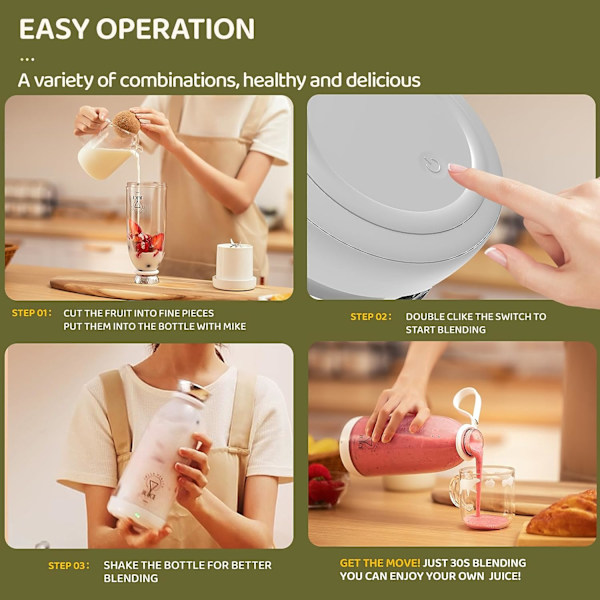 Bærbar blender, personlig blender med 6 knive 2400mAh kraftig USB genopladelig blender juicer,