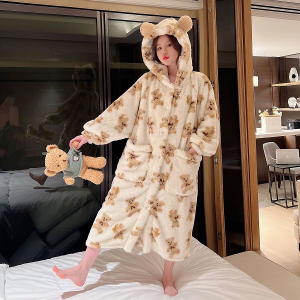 Nattkjole til kvinder, vinterpyjamas til kvinder, lang, sød, sød bjørne-morgenkåbe, hjemmesæt