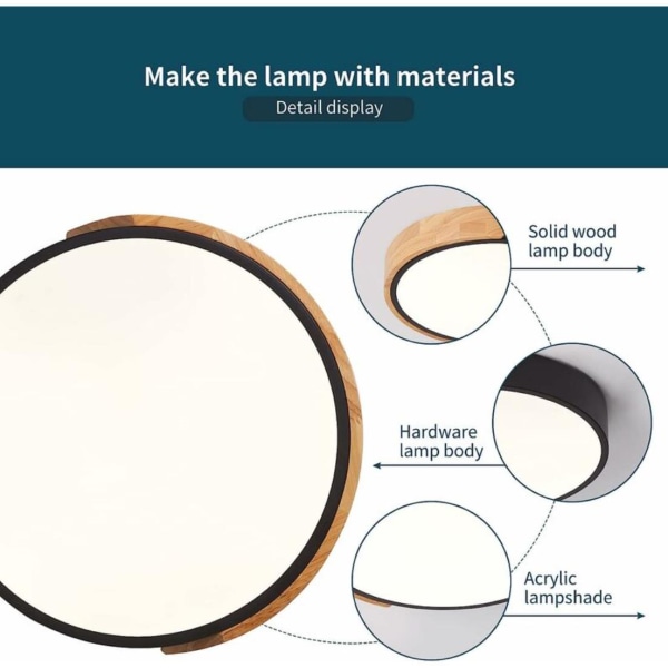 LED-loftslampe, indbygget loftslampe 24W varm sort lys Ø23CM hvidt lys 6000K moderne rund træbelysningsarmatur til stue soveværelse