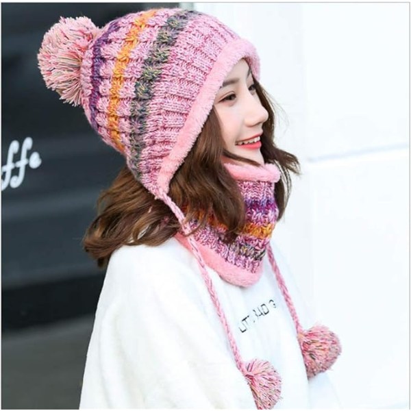 Kvinder strikket hue tørklædesæt vintervarme tyk hæklet fluffy ball beanie udendørs skicykel pink