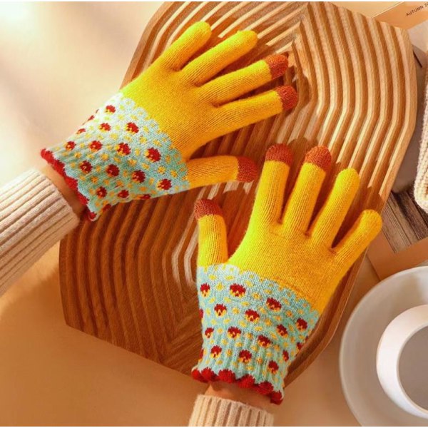 1 par hagehansker, strikkede varme hansker, vinterhansker touch-hansker-Kontrast gul