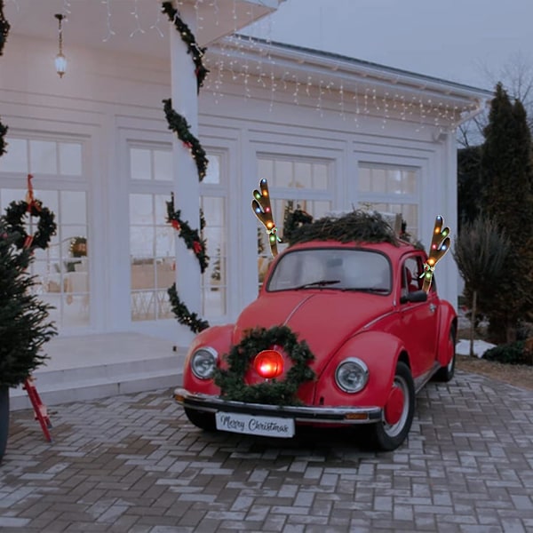 Bilrenarhorn Kit med LED-lampor, Julrenarhorn, Näsan och Svans Bildekorationskit för Bilfönster Tak & Frontgrill, Bil Jul
