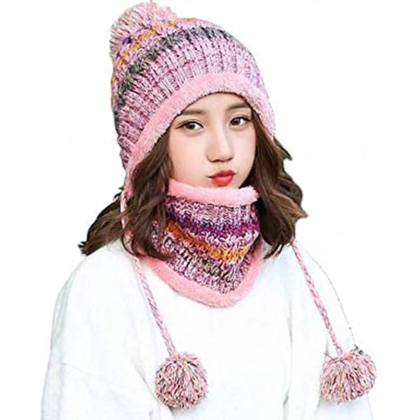 Naisten neulottu hattu set talven lämpöä paksu virkattu pörröinen pallopipo ulkoilu hiihtopyörä pink