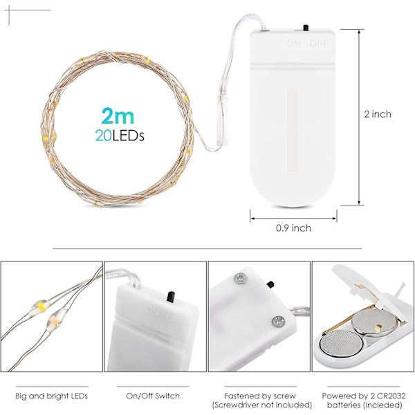 Julelys 15 pakke LED-lyskæder, batteridrevne LED-fe-lys Vandtæt sølv kobbertråd 2m 20 LED ildflue stjernelys til DIY Vi