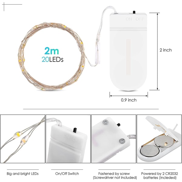 Julelys - Batteridrevne strenglys Vandtæt sølvledning, 2m 20 Led ildflue stjerne og månelys