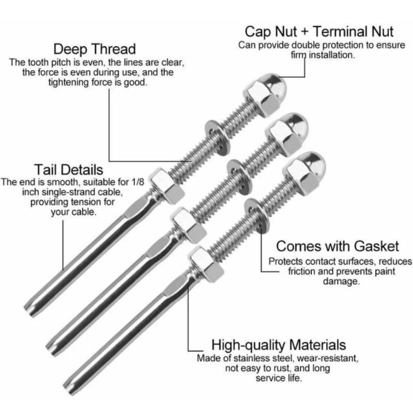 Rostfritt stål kabelbeslag för riggning av ändmuttrar Rak stångkabelbeslag för räcke-1/8, 10 st