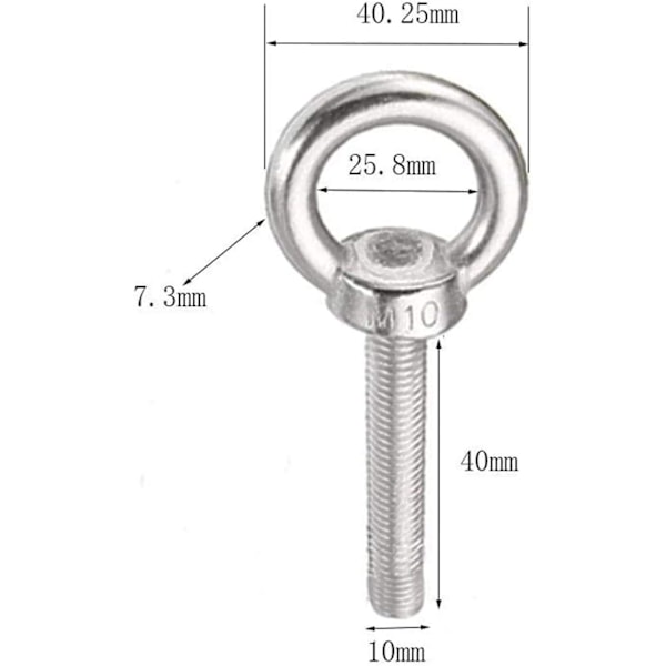 4 stk M10 rustfrie stål øyebolter, løfteøye med hanngjenge, runde skrueøyeøye egnet for bruk hjemme og utendørs