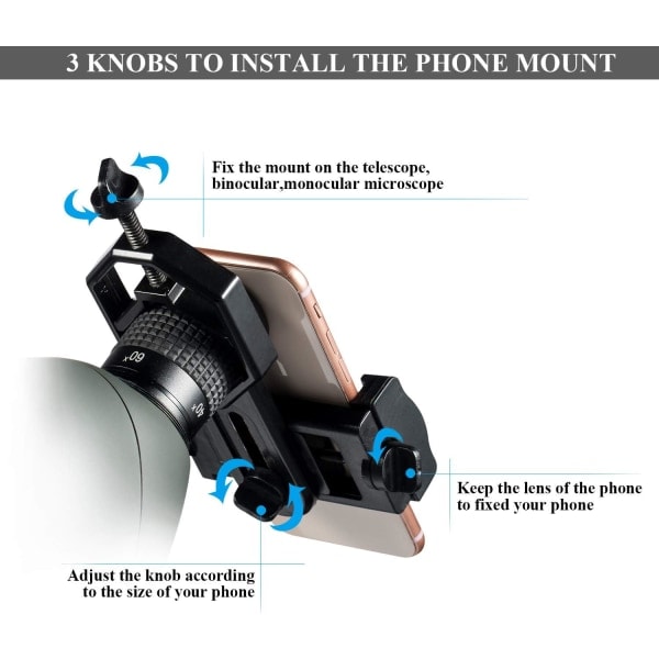 Universell mobiltelefonadapterfäste, 360° roterbart mobiltelefonfäste för scopearbete med kikare, spottingscope, mikroskop och astronomiskt teleskop
