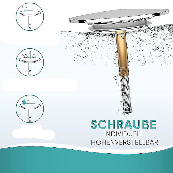 Badplugg med universell passform - Rostfri badplugg med dubbel tätning - Badplugg för alla standardbadkar i krom