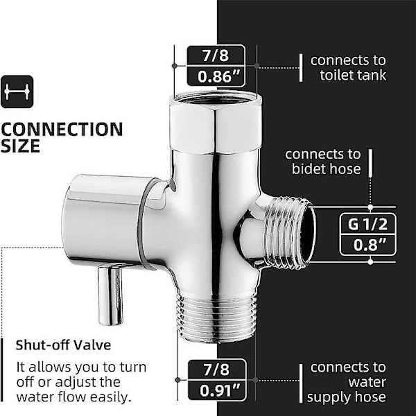 Bidet T-adapter, mässing T-adapter med avstängningsventil 3-vägs T-koppling 7/8 tum x 7/8 tum x G1/2 för T