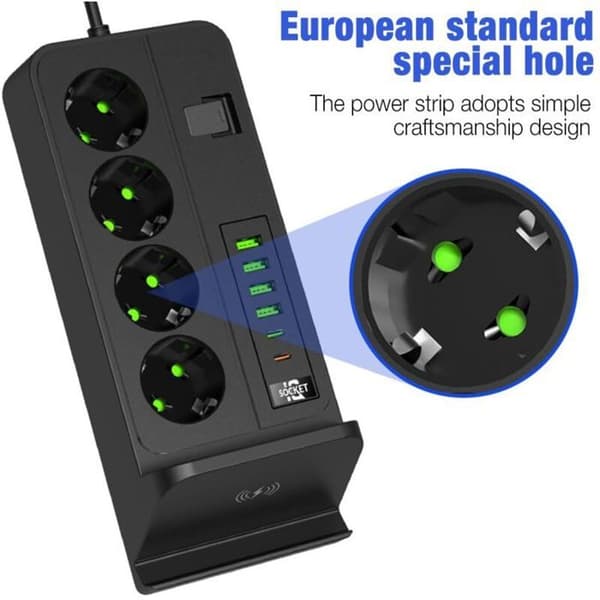 11-i-1 Strømuttak - 4 Uttak - 6 USB - 2m Kabel