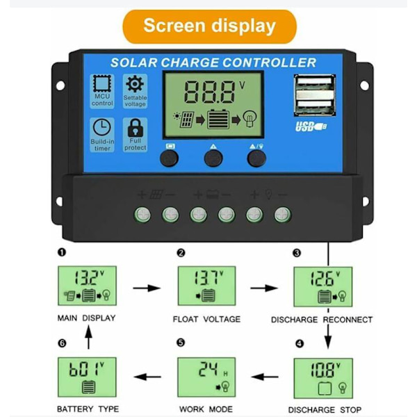 Solcellsladdningsregulator, 20A 12V/24V, automatisk justering justerbar LCD-skärm (20A)