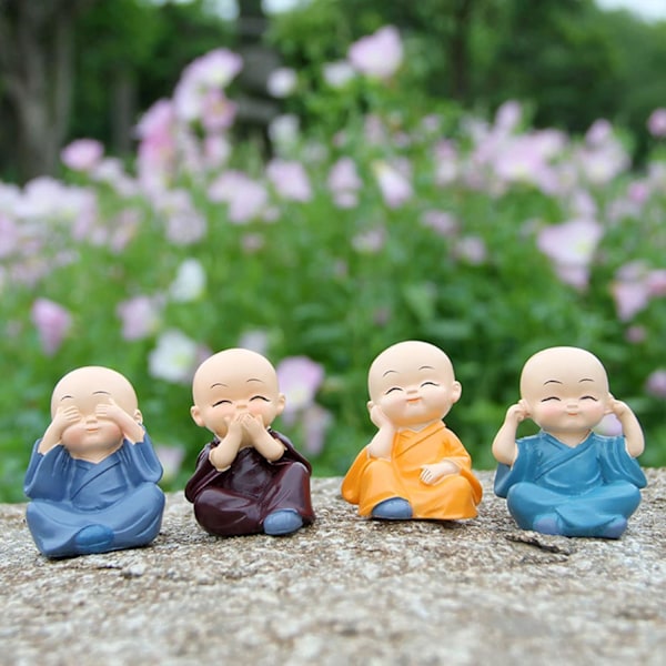 4 söpöä Kung Fu -munkkipatsasta Miniatyyri Buddha -figuuri Näe hahmo Baby Little Monk -veistos Keräilyesine Käsityö Taide Zen -koristeet Koristelahja