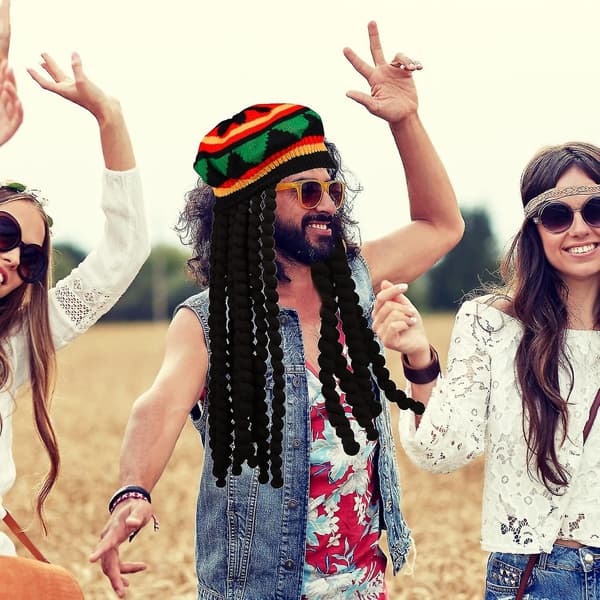 2-pak Rasta Sæt - Rasta Hat med Sorte Dreadlocks Paryk og Gule Briller - Caribisk Kostume