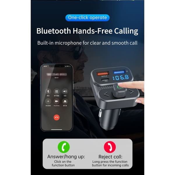 Bluetooth FM-sender til bil 36W hurtigopladning - Bluetooth 5.3 - MP3, WMA, WAV, FLAC lydformater