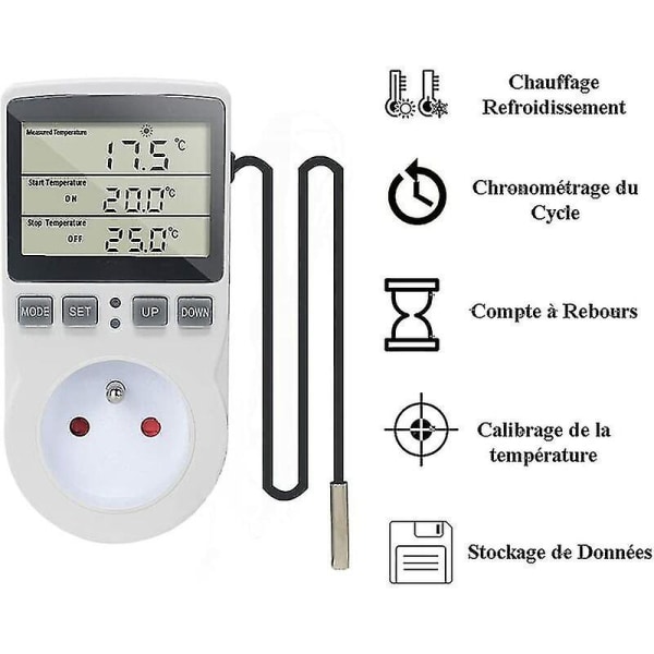 Pluggbar termostat, digital temperaturregulator for oppvarming og kjøling med sensor, LCD-plugg temperaturregulator timer for akvarium, inkubator, drivhus
