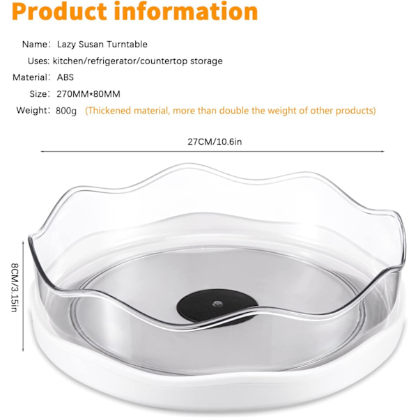 Lazy Susan pladespiller skab arrangør krydderi drejelig krydderihylde 10,6\" (hvid)