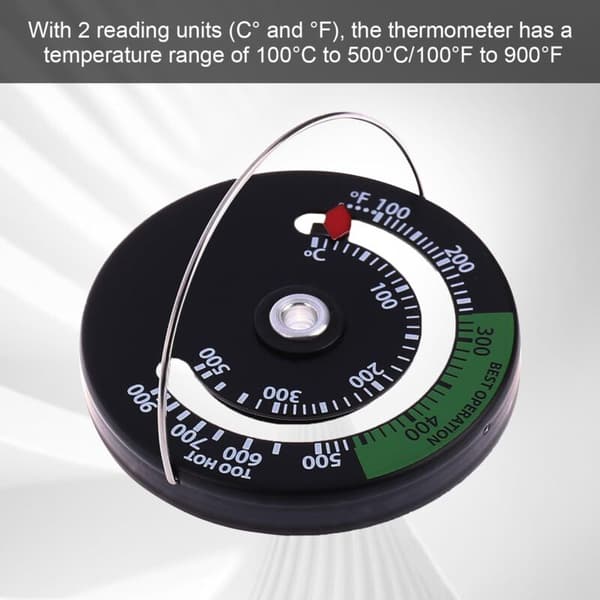 Skorsteintermometer. Magnetisk ovnstermometer. Termometer. Vedovnstermometer. For rund vedovnsrør
