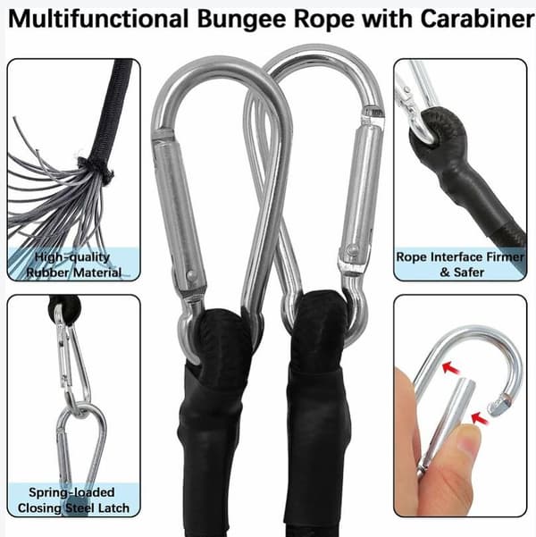 Elastisk reb med karabinhage, 1m kraftig elastisk reb med karabinhage, 4 elastiske gummireb,