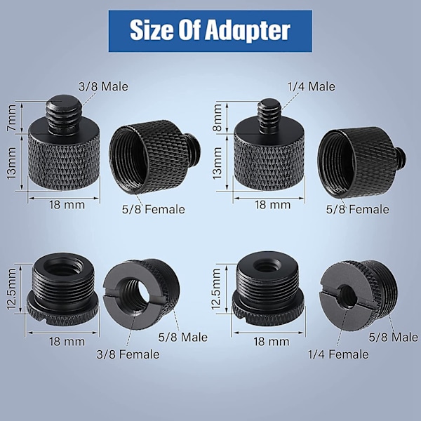 8 stk. Mikrofonstativ-Gevindadapter Sæt, 5/8 Hun til 3/8 Han og 3/8 Hun til 5/8 Han Skrue Adapter T