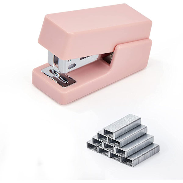 Minihäftapparat, 20 ark kontorshäftapparat med 1 låda standardhäftklamrar, rosa
