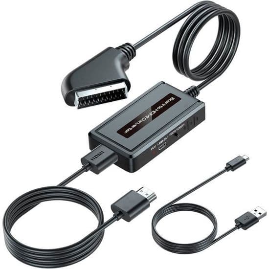 2 STK Scart til HDMI-konvertermodel med USB-kabel - 720p/1080p opløsning - Plug & Play - Sort