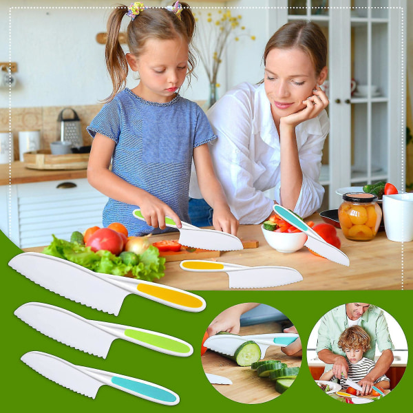 3-delt børne køkkenbageknivesæt, sikkert at bruge, fast greb, takkede kanter, børnekniv, beskytter små kokke, perfekt til at skære mad og grøntsager