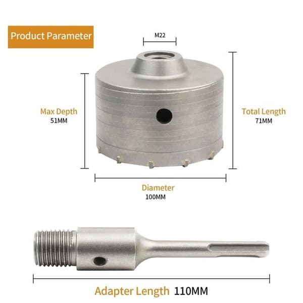 Betonhulsav med 110 mm SDS Plus-adapter, til mursten, beton, cement, sten (100 mm + 110 mm SDS Plus-adapter)