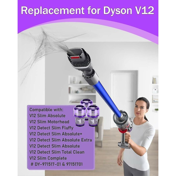 Dyson V12 3-pack filter - Hepa dammsugarfilter, kompatibelt med Dyson V12 Slim Absolute Detect, tvättbart tillbehör