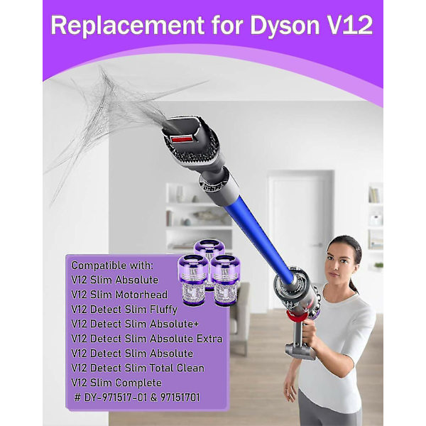Dyson V12 3-pack filter - Hepa-filter för dammsugare, kompatibel med Dyson V12 Slim Absolute Detect, tvättbart tillbehör