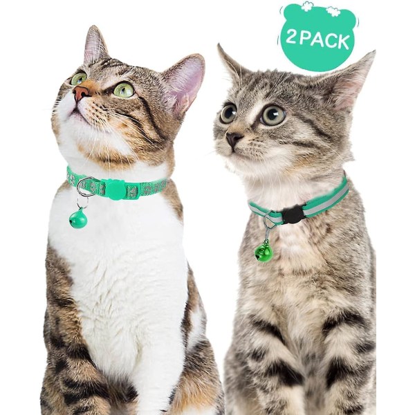 Cat Anti Strangulation Collar, 2 Pcs Adjustable Reflective Collar For Cat Kitten Puppy With Bell And Safety Buckle, 19-32cm Turquoise